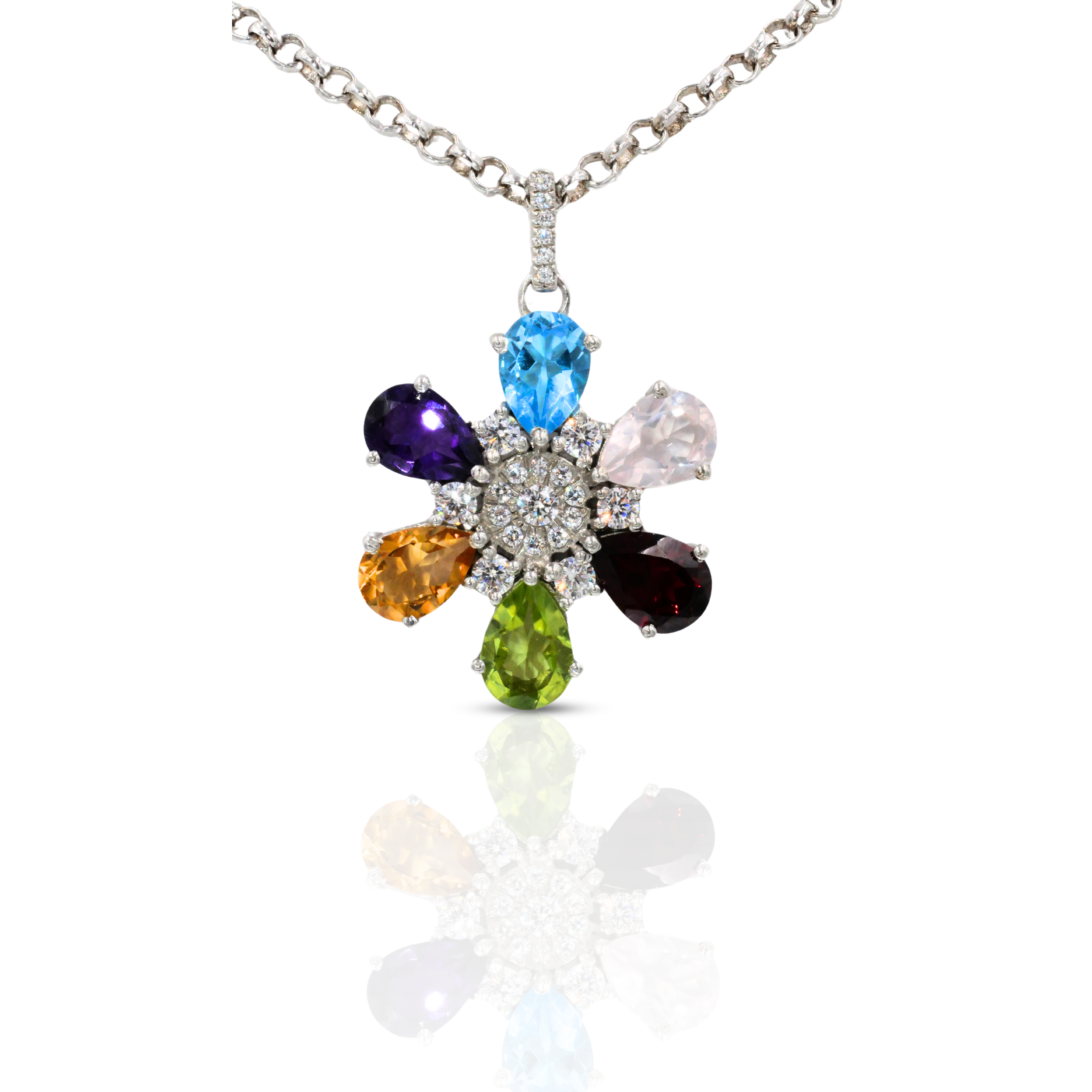 Collier en argent fleur multi pierres Naturelles